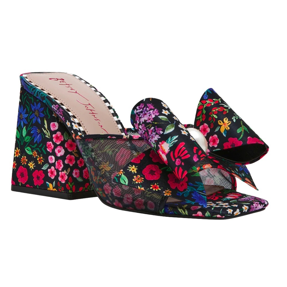 Betsey Johnson JORDYN Black Floral Bow Block Heel Mules